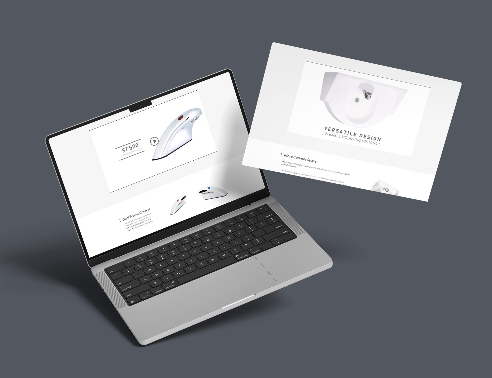 A laptop on a gray surface displays a website featuring a white ergonomic computer mouse. An enlarged screenshot highlights the mouse’s versatile design with a close-up image and descriptive text.