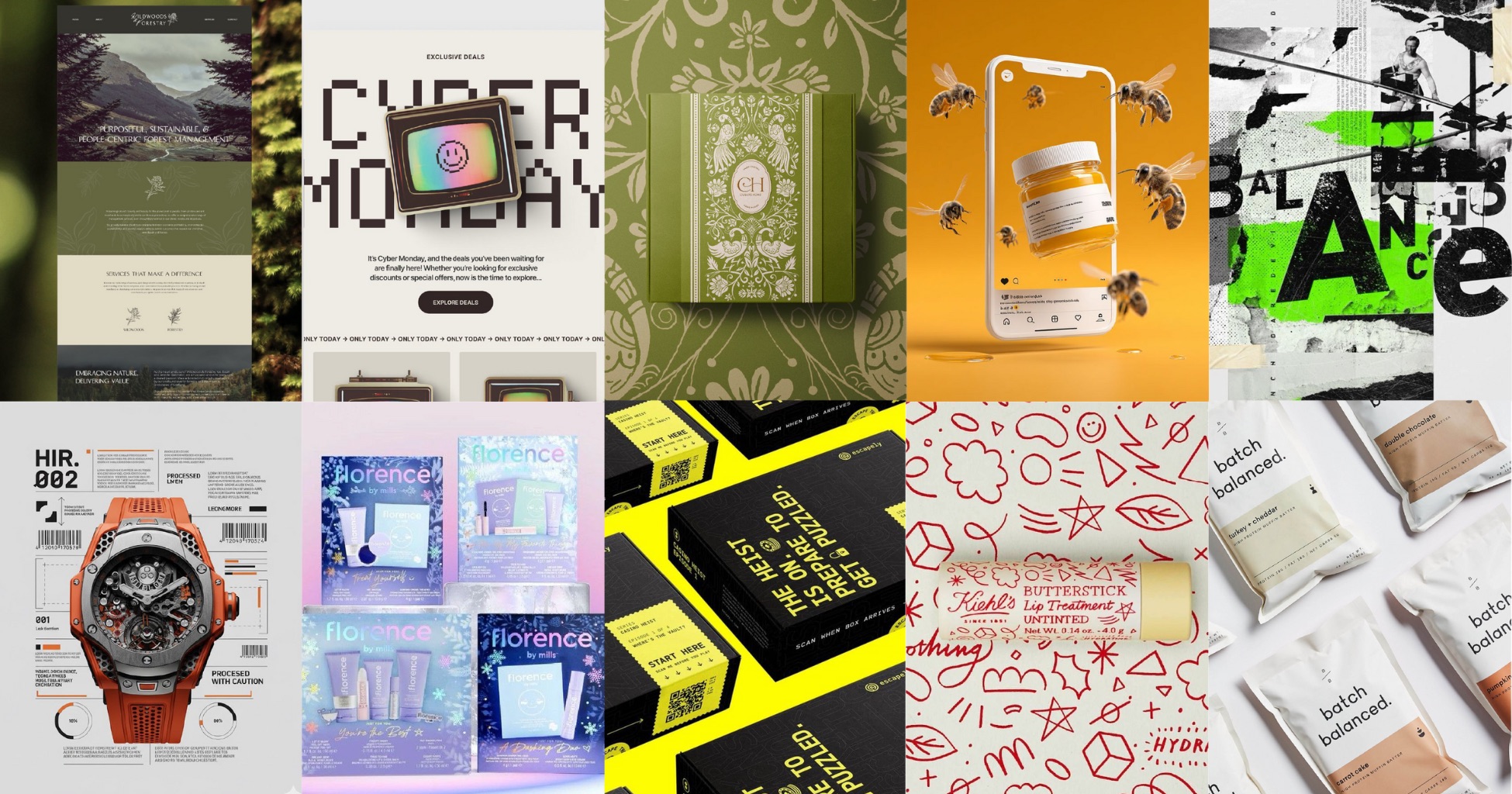 A collage of ten different product and graphic design images, including watches, skincare, cosmetics, tech devices, packaging, bold graphic posters, and church website design in various vibrant and modern styles.