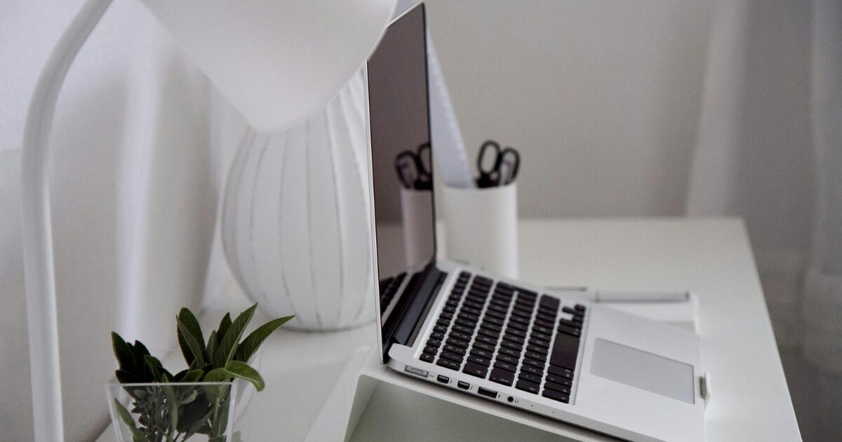 A sleek laptop is open on a white desk next to a white lamp, a cup holding scissors, and a small glass container with a green leafy plant—creating a minimalistic, tidy workspace perfect for focused nonprofit work.