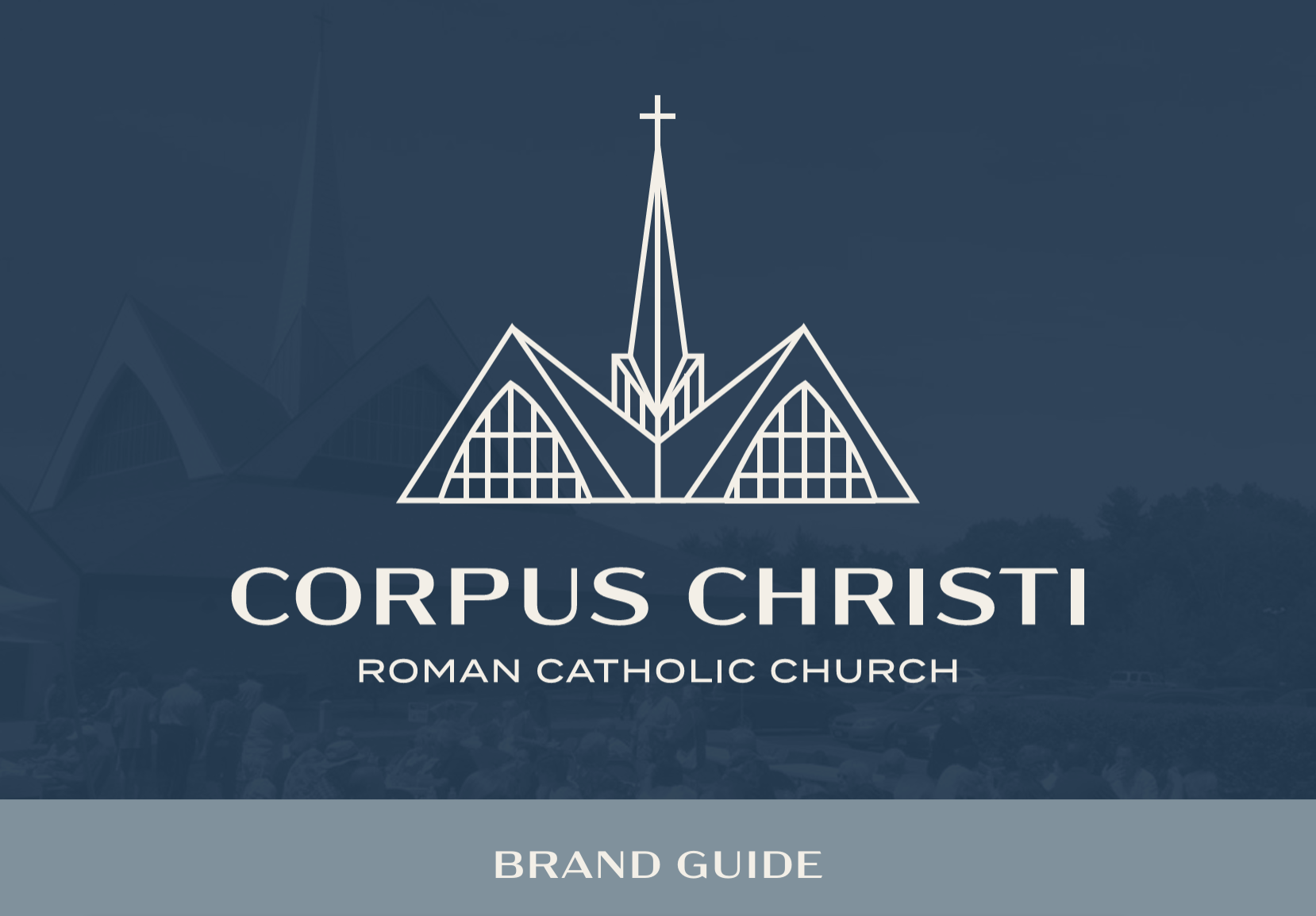 White outline of a modern church with a tall spire above the words Corpus Christi Roman Catholic Church. The background is dark blue with a faint image of a church and crowd. Text below reads Brand Guide..